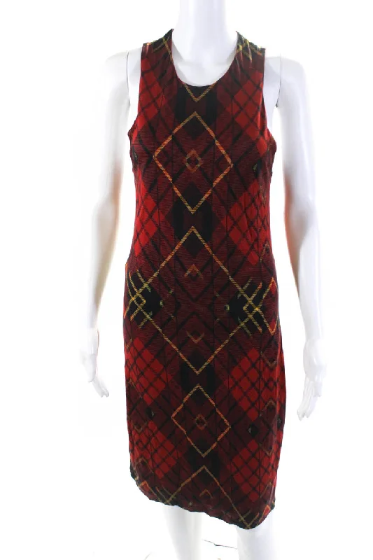 Alexander McQueen Womens Plaid Sleeveless Knee Length Shift Dress Red Off-shoulder unclassified dresses