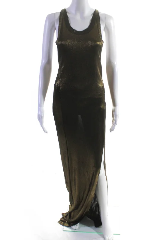 Balmain Womens Gold Tone Sleeveless Front Slit Gown Bronze Black Tiered unclassified dresses