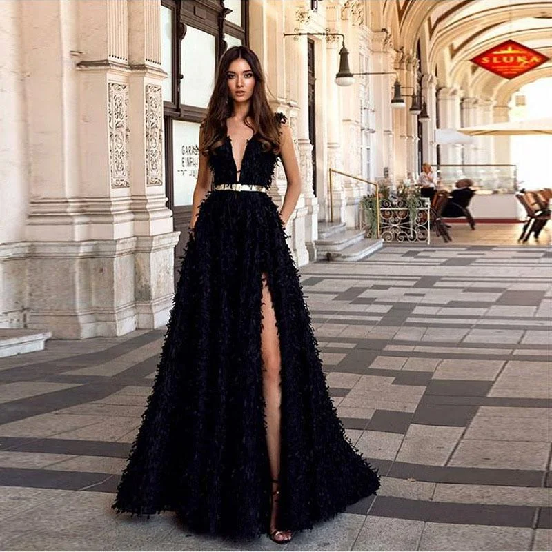 Black Feather Sleeveless Prom Dress Club unclassified dresses