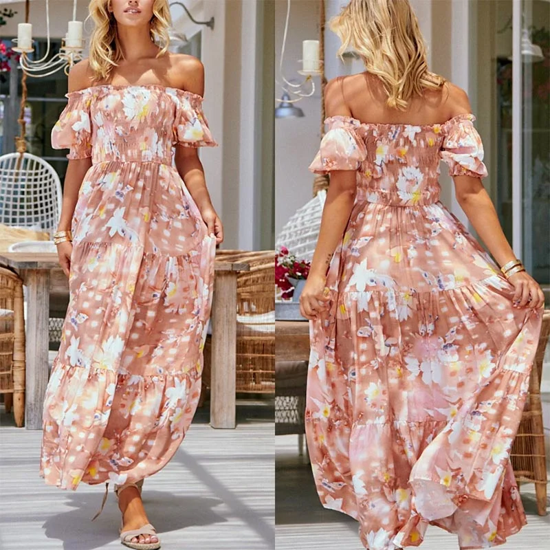 Boho Off Shoulder Printed Loose Beach Dress Color block unclassified dresses