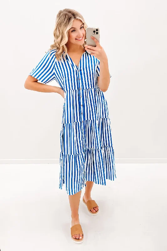 Brooke Midi Dress Blue Stripe Soft A-line Skirt