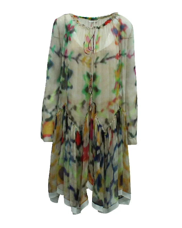 Chloe Tie Dye Print Peasant Dress in Multicolor Silk Chic unclassified dresses