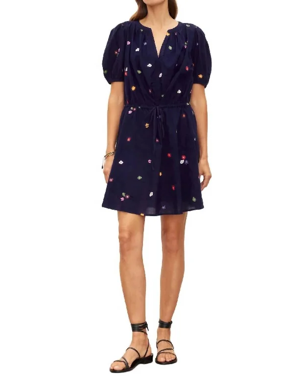 Cleo Embroidery Puff Sleeve Dress In Navy Comfortable unclassified dresses