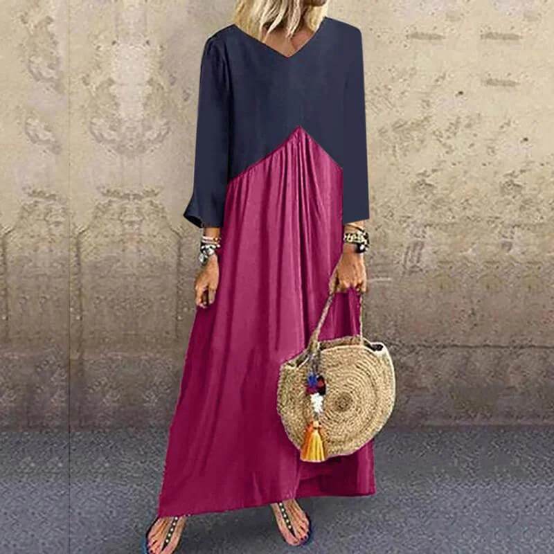 Colorblock Patchwork Loose Ankle Length Dress Soft fabric unclassified dresses