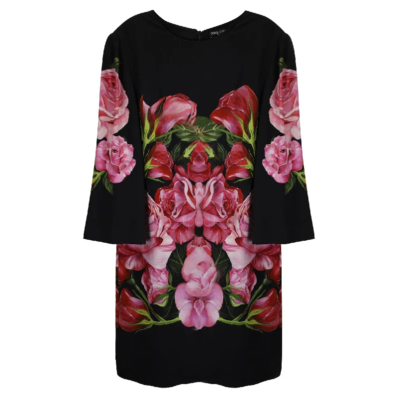 Dolce & Gabbana Rose Print Crepe Shift Dress in Black Viscose Flowy unclassified dresses