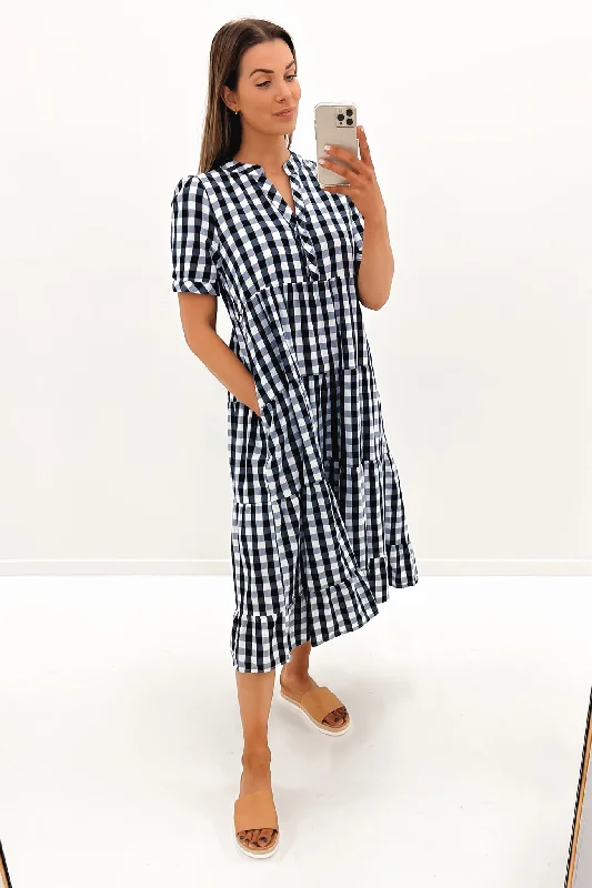 Elena Midi Dress Navy Check Elegant Midi Dress