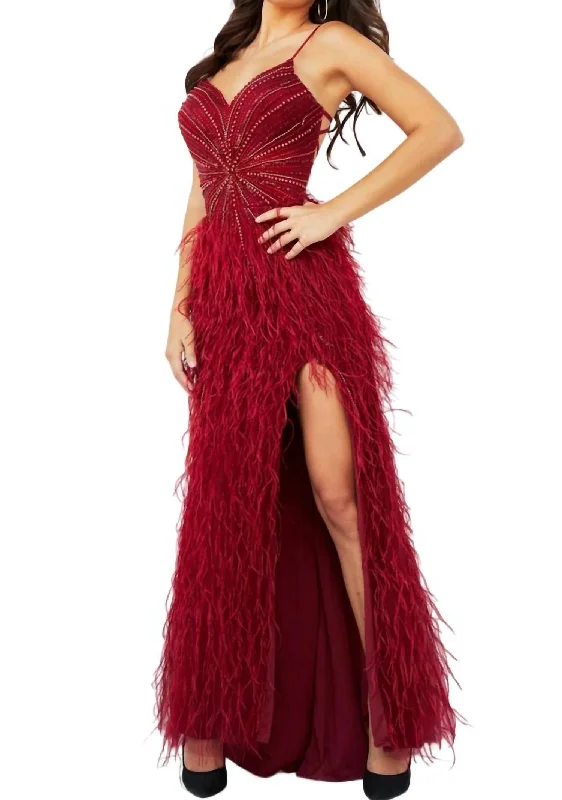 Feather Accent Prom Dress In Burgundy Luxury unclassified dresses