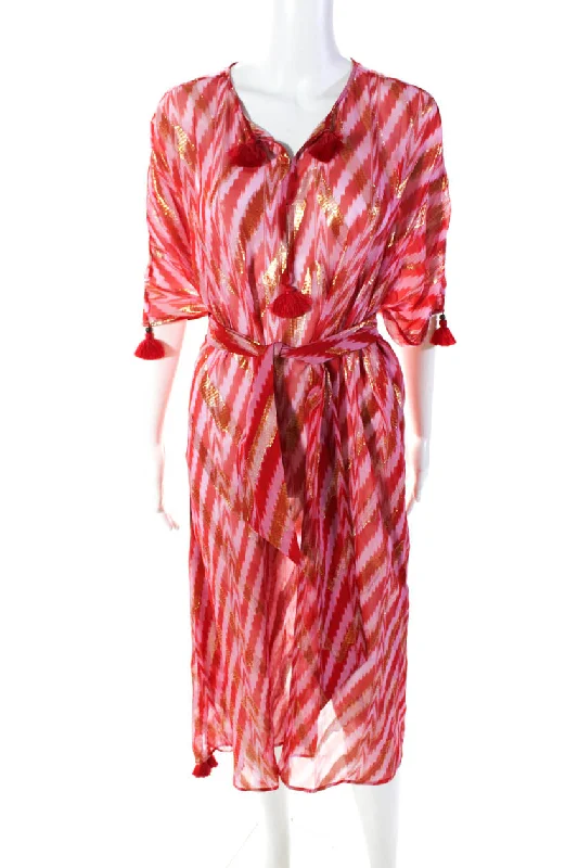 Figue Womens Silk Striped V Neck Kaftan Dress Red Pink Pastel unclassified dresses