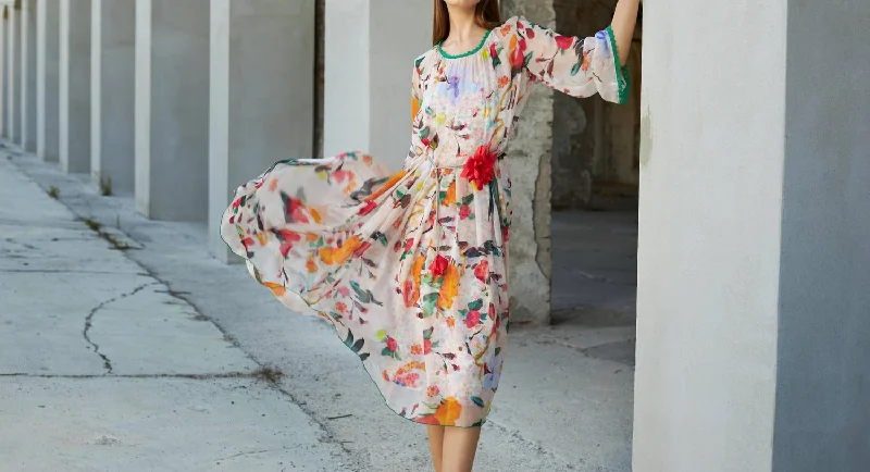 Flower Printed Silk Chiffon Dress In Green Red Wrap unclassified dresses