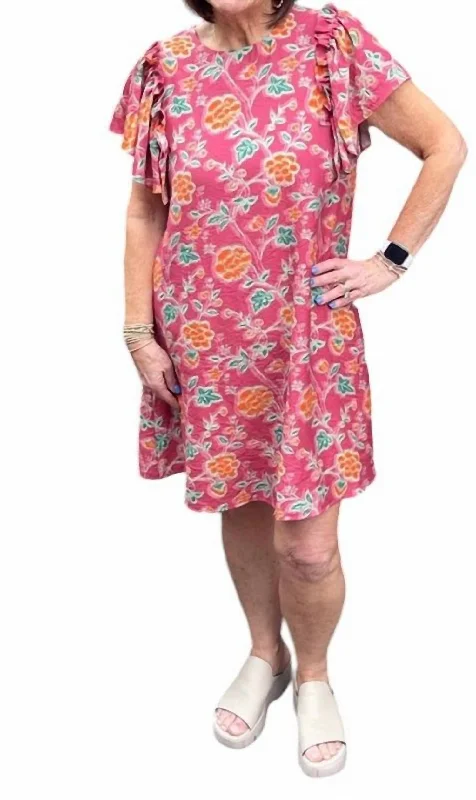 Flutter Sleeve Flower Print Dress In Pink Bold pattern unclassified dresses