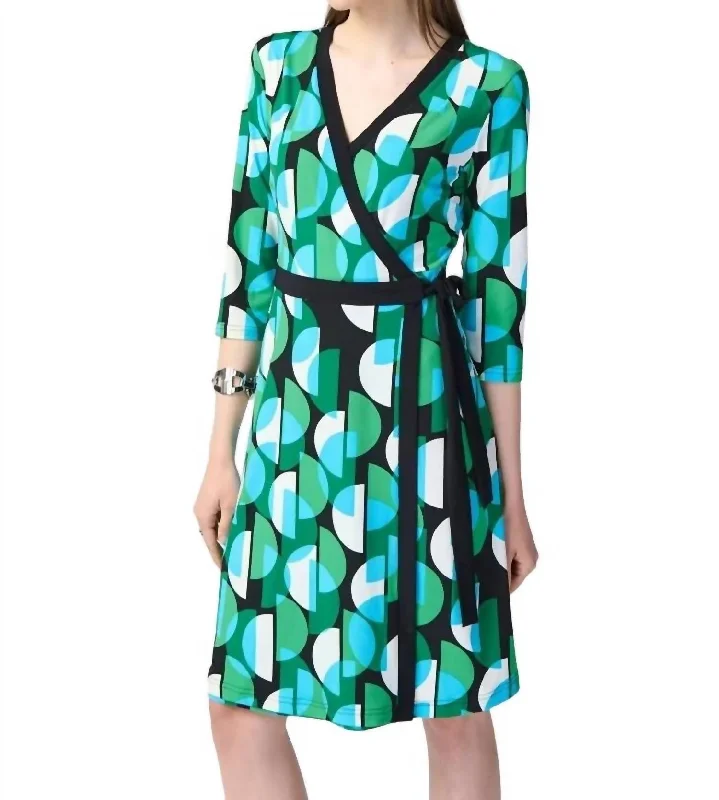 Geometric Print Silky Knit Wrap Dress In Green Multi Date night unclassified dresses