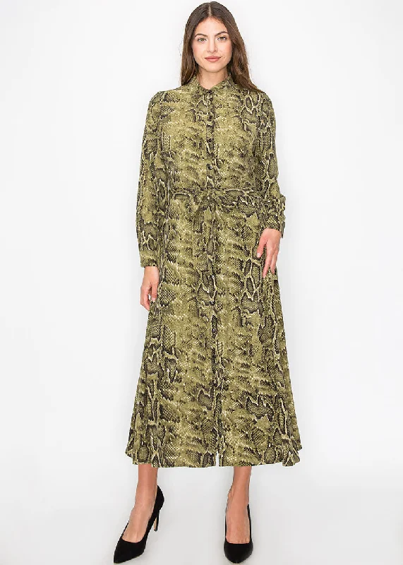 Green Snake-Print Button-Up Dress Knitted unclassified dresses