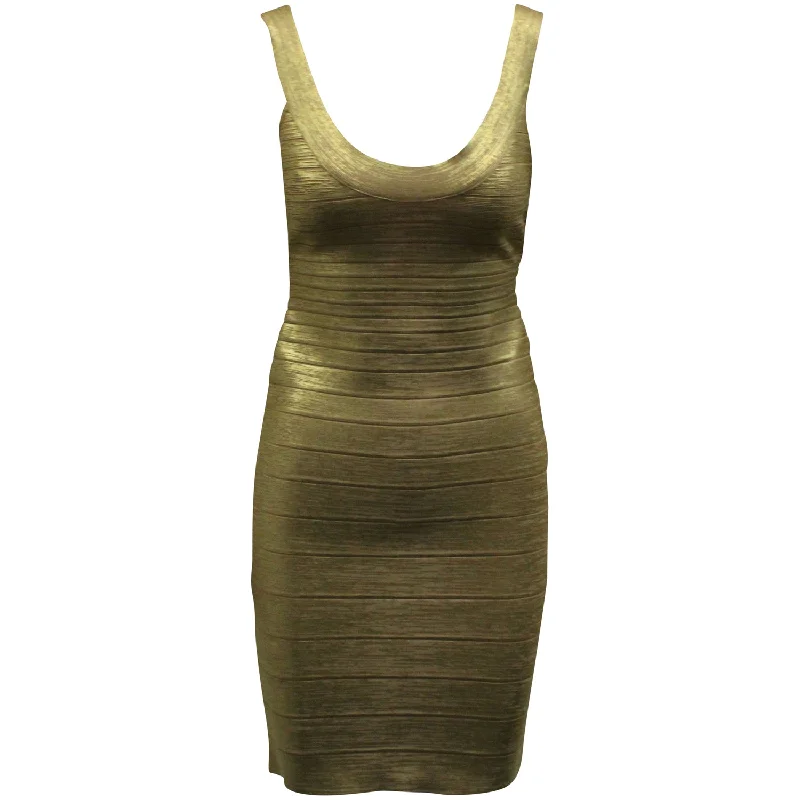 Herve Leger Scoop Neck Bandage Foil Dress in Gold Rayon Everyday wear unclassified dresses