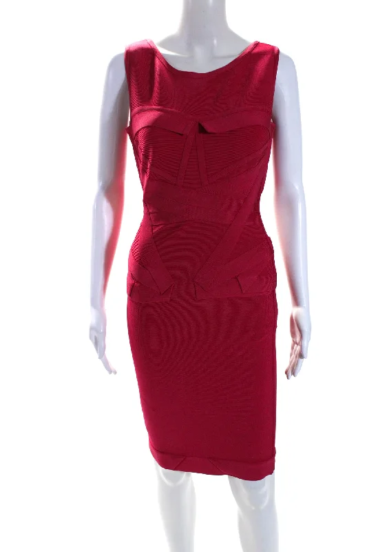 Herve Leger Womens Scoop Neck Stretch knit Emmeline Dress Rose Red Lace unclassified dresses