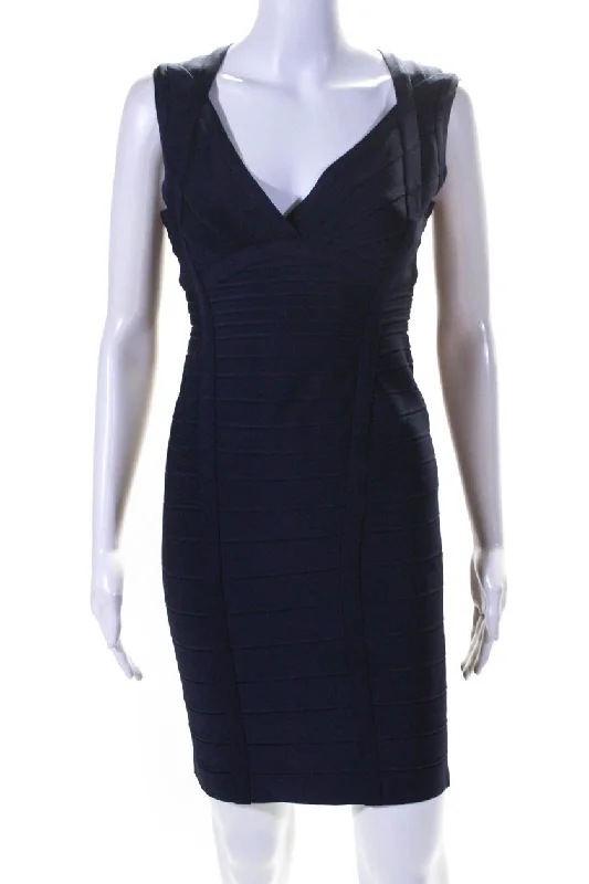 Herve Leger Womens V Neck Sleeveless Bandage Dress Navy Blue Bright color unclassified dresses