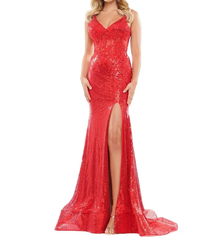 High Slit Mermaid Gown In Red Bold pattern unclassified dresses