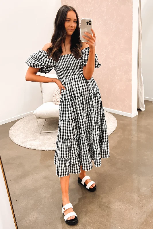 Indy Midi Dress Black Check Ruffled Floral Skirt