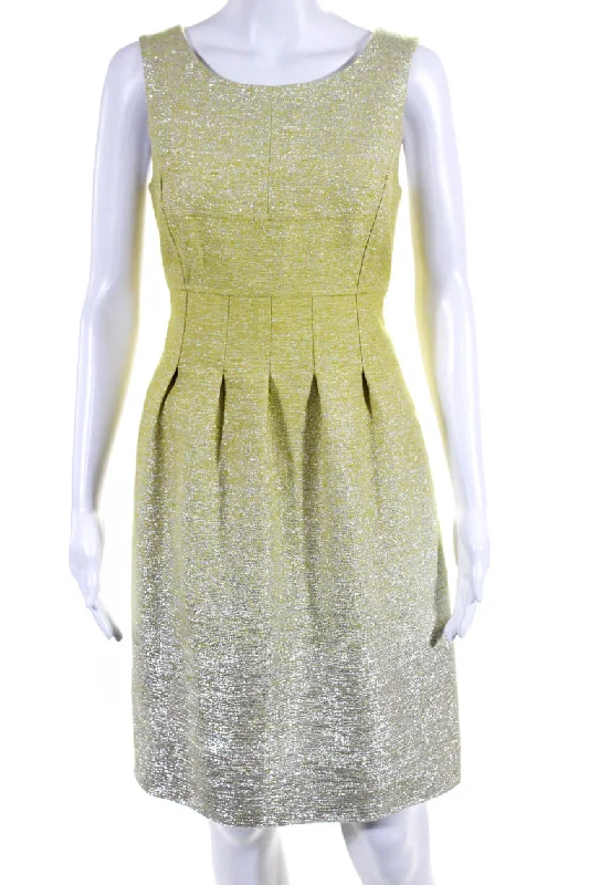 Lela Rose Womens Silk Pleated Front Sleeveless Dress Yellow Silver Metallic Mesh unclassified dresses