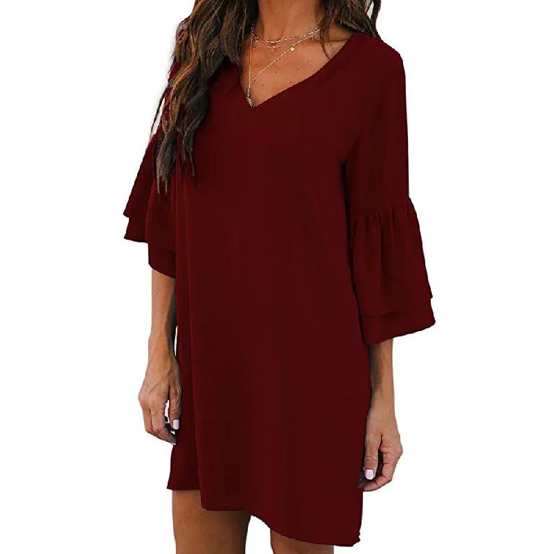 Loose V Neck Bell Sleeve Plain Dress Fall unclassified dresses