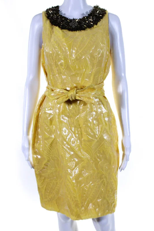 Monique Lhuillier Womens Embellished Crew Neck Silk Sheath Dress Yellow Earthy tone unclassified dresses