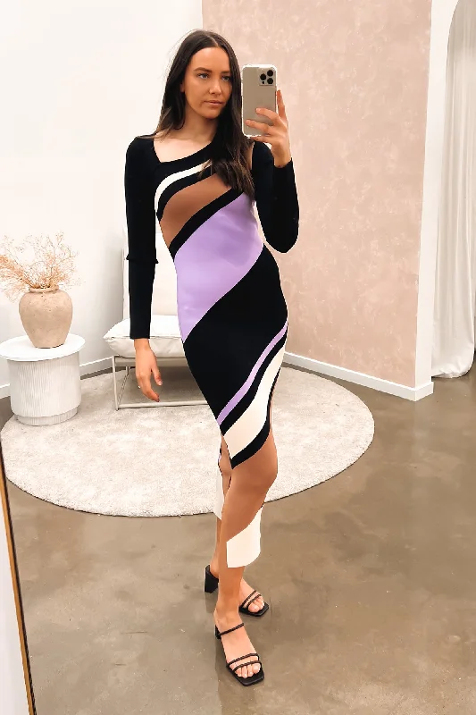 Monte Stripe Midi Dress Black Lilac Coffee Boho Midi Skirt