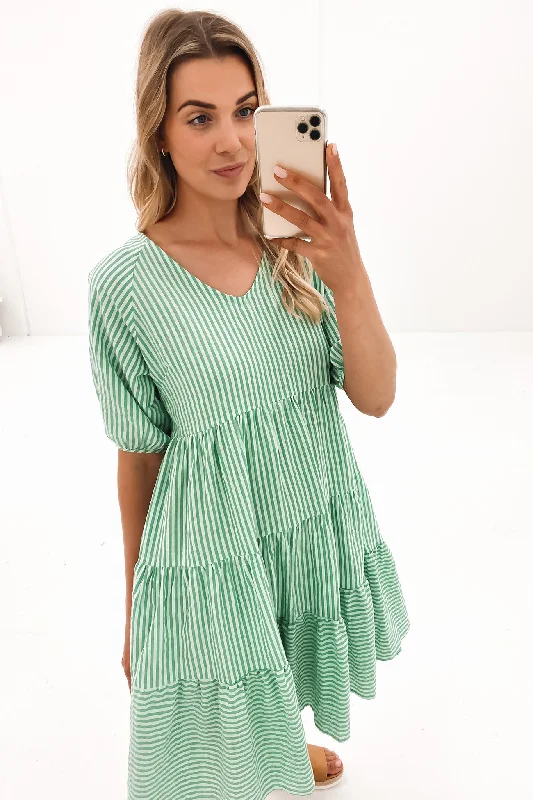 Nataly Midi Dress Green Stripe Boho Chic Midi