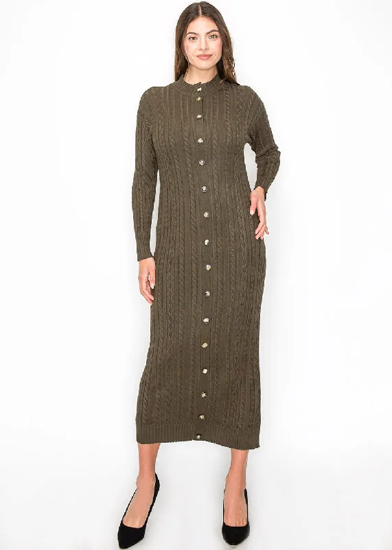 Olive Cable Knit Button-Down Dress Mesh unclassified dresses