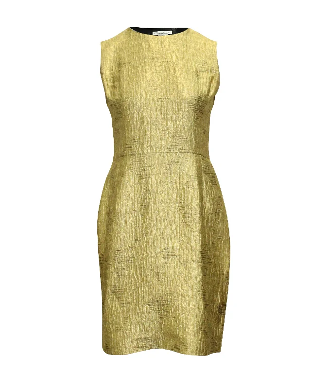 Oscar De La Renta Sleeveless Sheath Dress in Metallic Gold Viscose Lace unclassified dresses