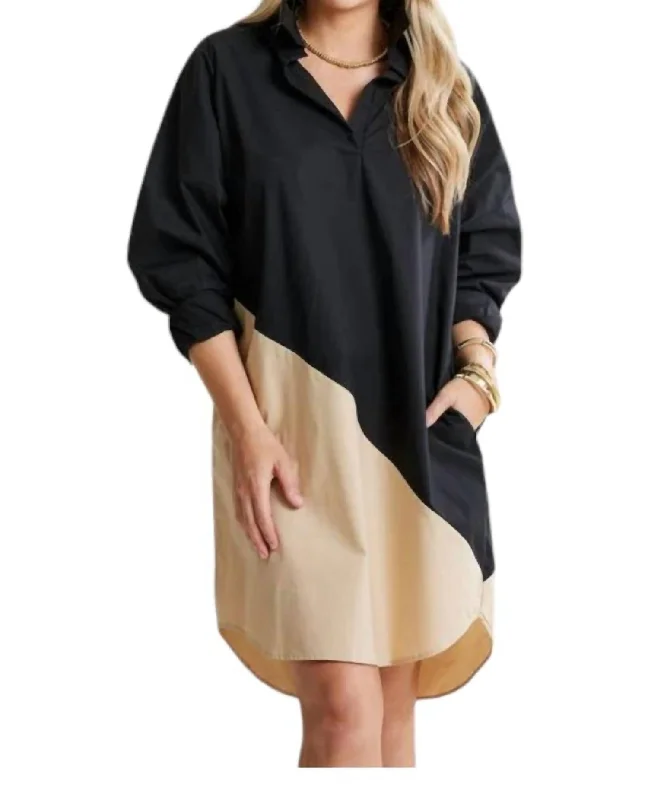 Preppy Asymmetrical Dress In Khaki/black Long sleeve unclassified dresses