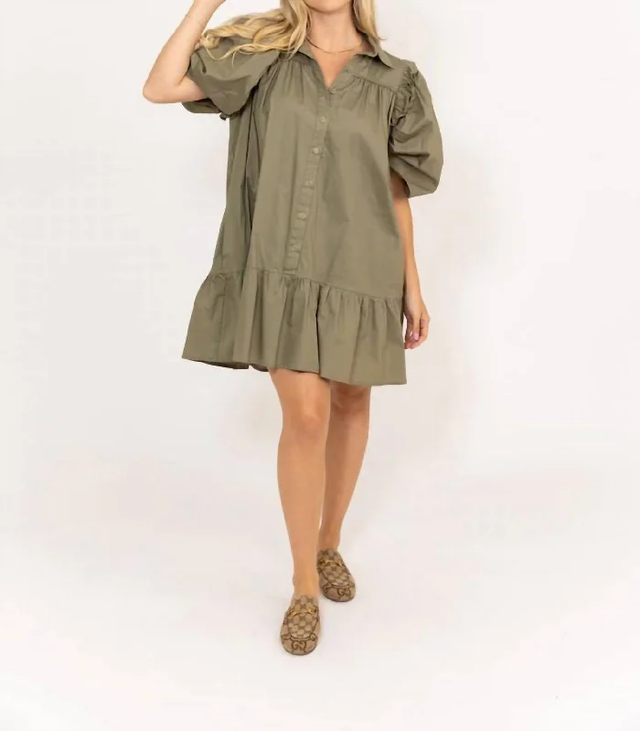 Puff Sleeve Ruffle Dress In Olive Preppy unclassified dresses