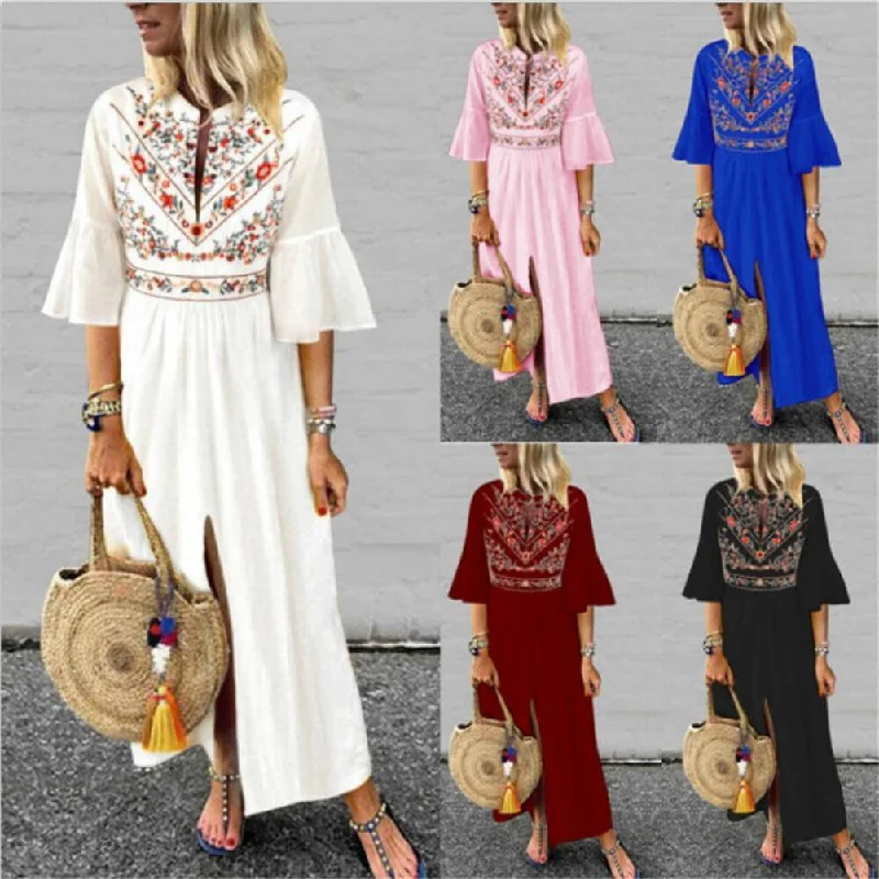 Retro Embroidered Loose Ankle Length Beach Dress One-shoulder unclassified dresses