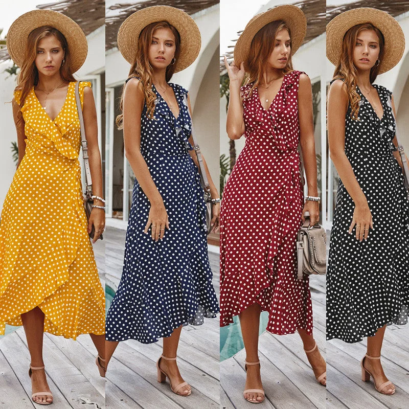 Retro Sleeve Polka Dots Wrap Dress Embroidered unclassified dresses