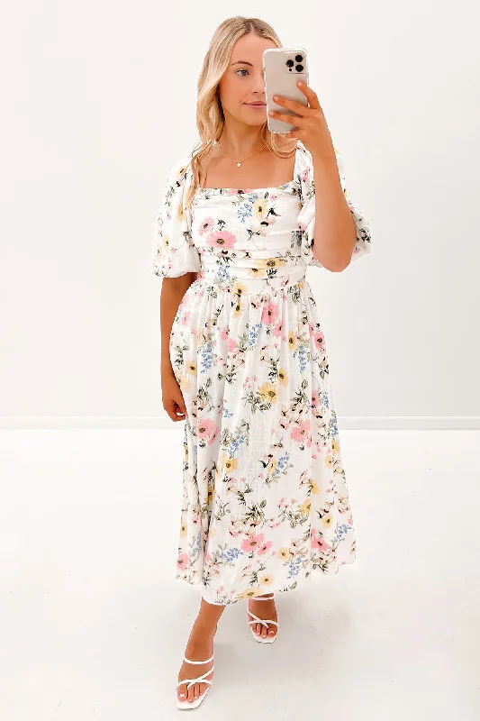 Ryder Midi Dress White Floral Polka Dot Midi