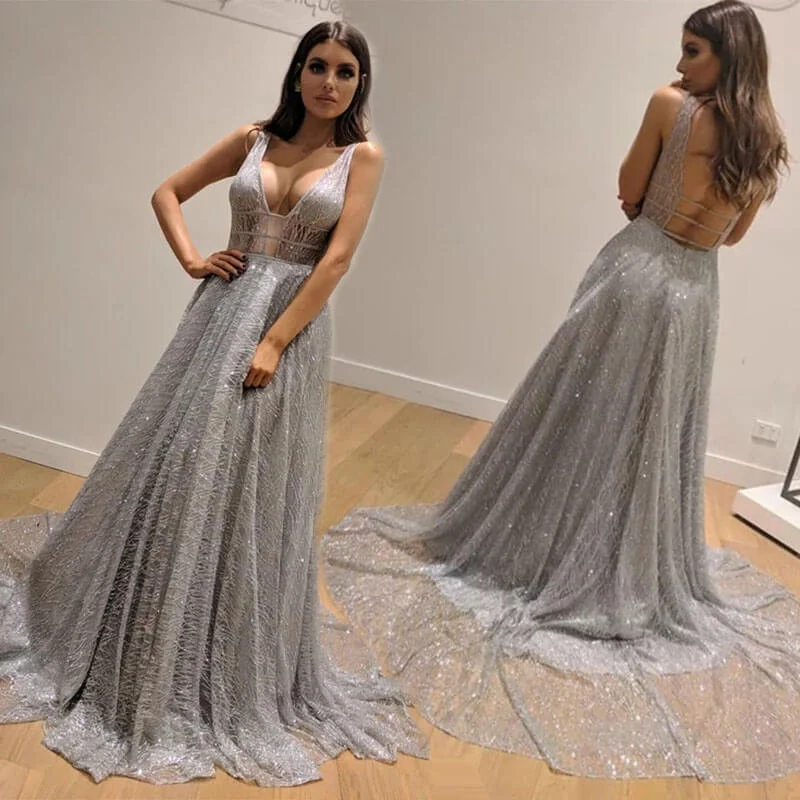 Sexy Backless Silver Floor Length Evening Dress Bodycon unclassified dresses