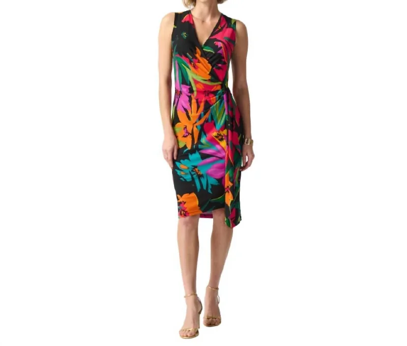 Tropical Print Silky Knit Wrap Dress In Black Date night unclassified dresses