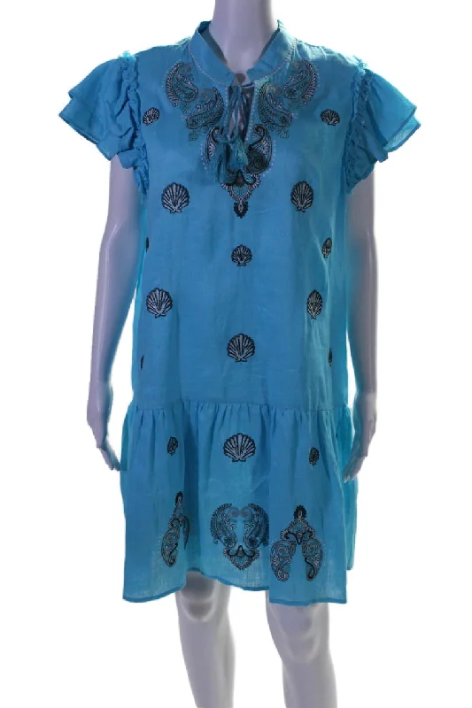 Tyler Boe Womens Linen Aimee Embroidered Ruffled A-Line Dress Blue Lounge unclassified dresses