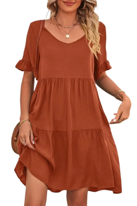 V-Neck Tiered Dress In Rust Affordable unclassified dresses