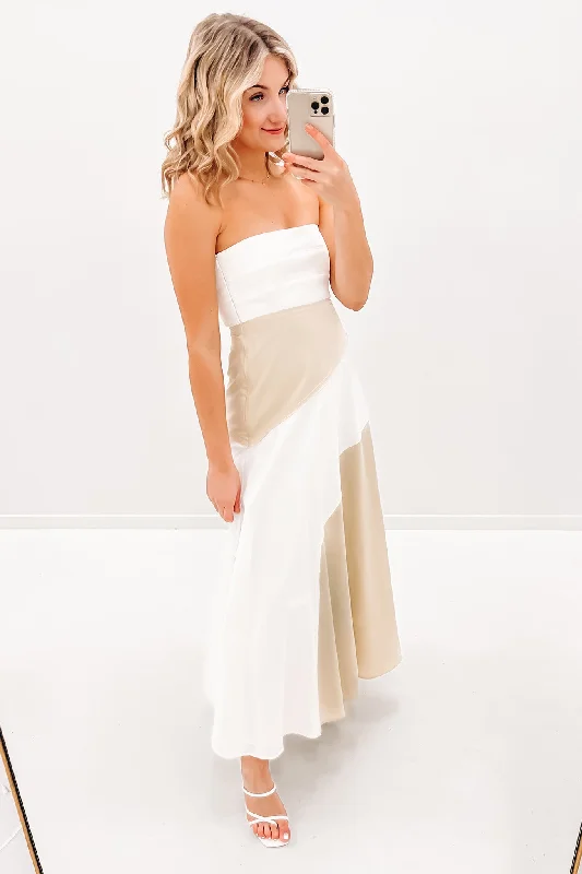 Vanilla Stripe Strapless Dress Ivory Sand Trendy unclassified dresses