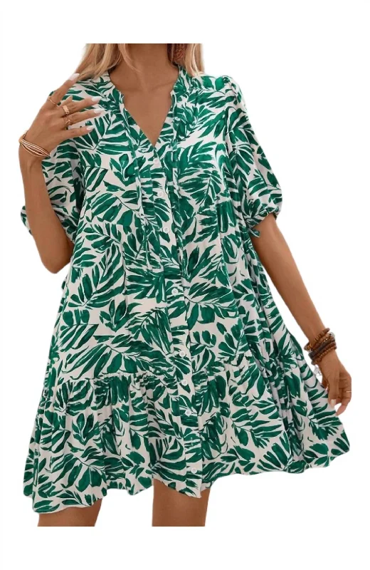 Vneck Leaf Print Dress In Green Discounted unclassified dresses