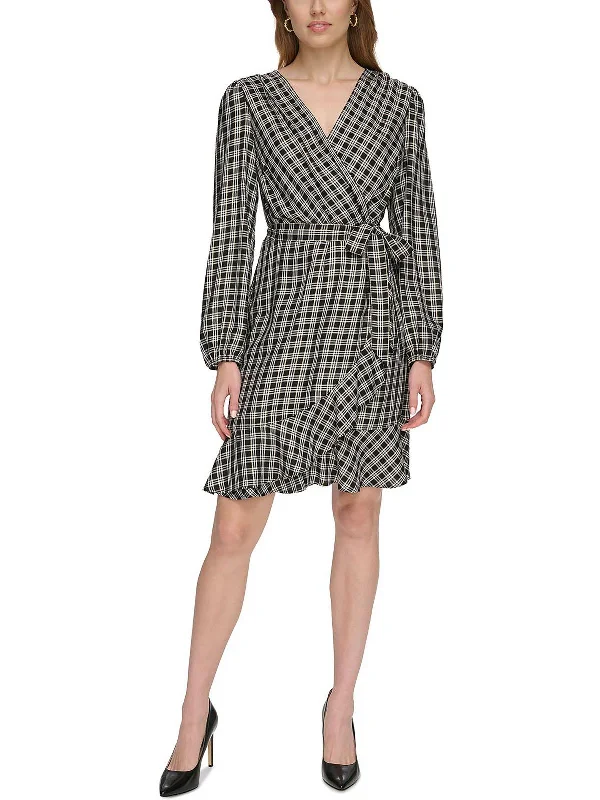 Womens Checker Ruffle Hem Wrap Dress Breathable unclassified dresses