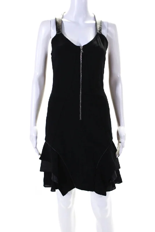 Yigal Azrouel Womens Back Zip Scoop Neck Leather Trim Dress Black Chiffon unclassified dresses