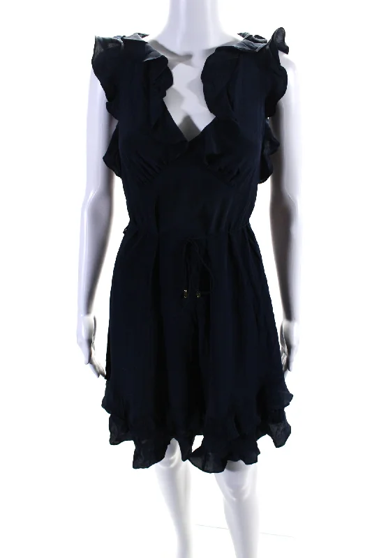 Zimmermann Womens Navy Blue Silk Ruffle V-Neck Sleeveless Shift Dress Metallic unclassified dresses